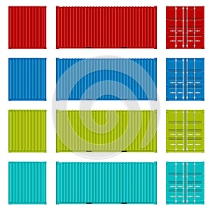 Creative illustration of sea freigh cargo containers views from different sides collection isolated on background. Art design