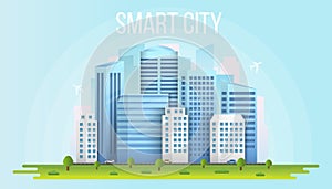 Creative illustration of smart city urban landscape isolated on background. Art design social media communication internet network