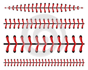 Creative illustration of sports baseball ball stitches, red lace seam isolated on background. Art design thread decoration.