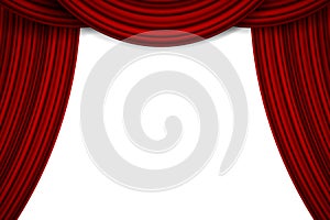 Creative illustration of stage with luxury scarlet red silk velvet drapes and fabric curtains isolated on background. Art design.