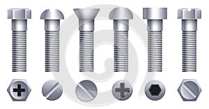 Creative illustration of steel brass bolts, metal screws, iron nails, rivets, washers, nuts hardware side view isolated on