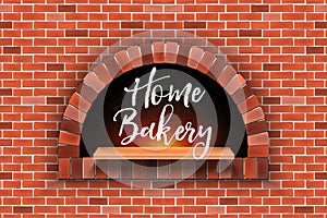 Creative illustration of stone brick, pizza firewood oven with fire isolated on background. Art design home bakery. Abstract