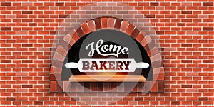 Creative illustration of stone brick, pizza firewood oven with fire isolated on background. Art design home bakery. Abstract