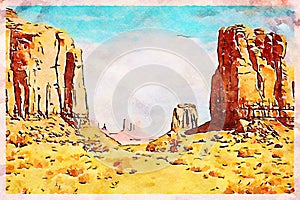 Creative illustration in vintage watercolor design - Monument Valley in USA, red panorama with blue sky