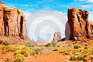 Creative illustration in vintage watercolor design - Monument Valley in USA, red panorama with blue sky