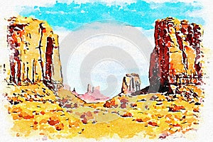 Creative illustration in vintage watercolor design - Monument Valley in USA, red panorama with blue sky