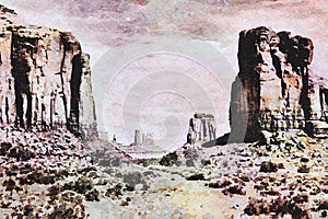 Creative illustration in vintage watercolor design - Monument Valley in USA, red panorama with blue sky
