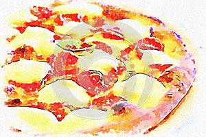 Creative illustration in vintage watercolor design - Pizza Margherita with Mozzarella cheese, basil and tomatoes