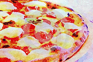 Creative illustration in vintage watercolor design - Pizza Margherita with Mozzarella cheese, basil and tomatoes