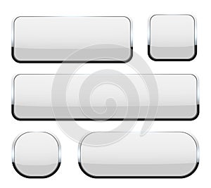 Creative illustration of white 3d glass buttons with chrome frame with shadow falling isolated on background. Art design. Abstract