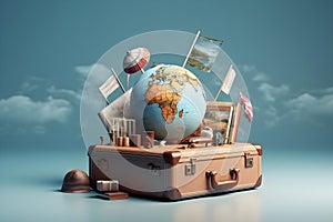 Creative illustration of worldwide travel concept. Vintage suitcase with globe on it in blue sky background. AI generated