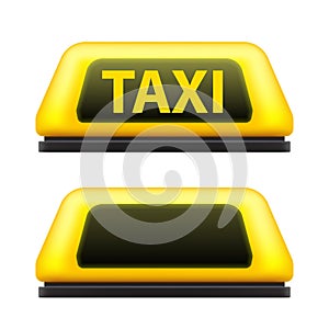 Creative illustration of yellow taxi service car roof sign on the street at night blurred lighting background. Art design template