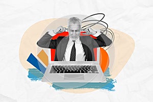 Creative image banner poster collage of old aged entrepreneur close fingers ears avoid annoying noise white work netbook