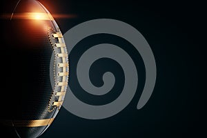 Creative image of a black and gold American football ball on a dark background photorealism. American sports, big final, strength