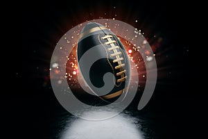 Creative image of a black and gold American football ball on a dark background photorealism. American sports, big final, strength