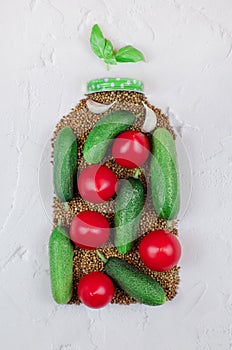 Creative image of canned tomatoes and cucumbers and basil. Harvesting