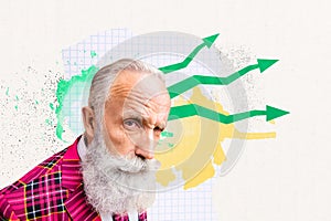 Creative image collage picture elderly grandfather dynamic arrows charts economy achieve goal aim improvement