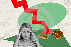 Creative image collage young woman stressed economy falling downwards collapse break golden coin two pieces crisis