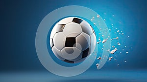 Creative image of a flying soccer ball on a blue background