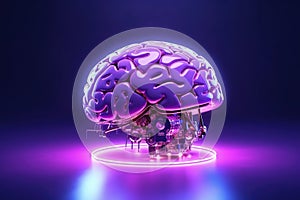 A creative image of a glowing neon brain with chips, microcircuits, metal and wires in pink and purple colors on a dark black blue