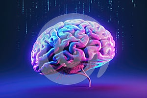 A creative image of a glowing neon brain in pink, blue and purple colors on a dark blue background in 3d style with luminous lines