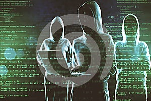 Creative image of a group of hackers in hoodies standing on abstract dark coding backdrop. Malware, coding, phishing and theft