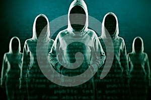 Creative image of a group of hackers in hoodies standing on abstract dark coding backdrop. Malware, phishing and theft concept.