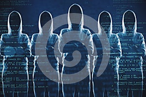 Creative image of a group of hackers in hoodies standing on abstract dark coding background. Malware, coding, phishing and theft
