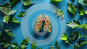 A creative image of human lungs on a blue background with green leaves