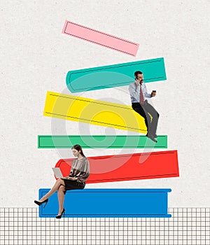 Creative image with man and woman sitting on drawn pile books over light background. Contemporary artwork.