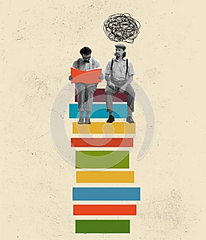 Creative image with men sitting on drawn pile books over light background. Contemporary artwork. Concept of studying