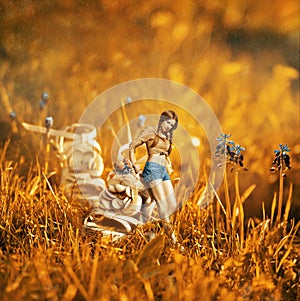 Creative image montage with girl near the giant shoe