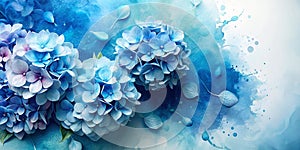 Creative image of pastel blue Hydrangea flowers on artistic ink background. Top view with copy space photo