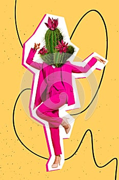 Creative image poster collage of young corporate lady with cactus face dancing on nature day saving event