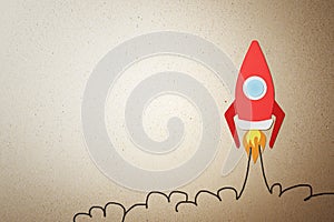 Creative image of red rocket sketch flying up on light background with mock up place. Start up and business ideas concept. 3D