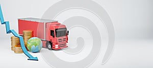 Creative image with transportation truck, falling arrow, globe and stacked coins on white background with mock up place. Delivery