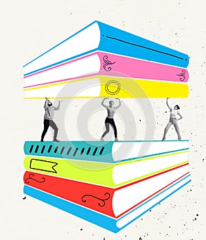 Creative image with young people holding pile books over light background. Contemporary artwork. Concept of studying