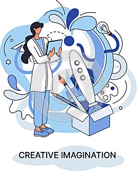 Creative imagination and creativity, original thinking. Originative fantasy of designer or artist