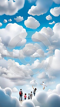 A creative imaginative image of white clouds forming shapes in the sky such as animals, faces, objects inspiring curiosity wonder