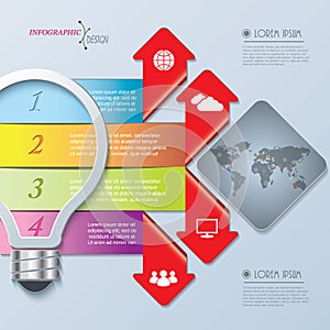 Creative infographic design with bulb, numbers and world map