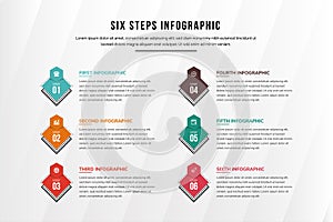 Creative infographic design template with 6 square elements, line pattern arrows,