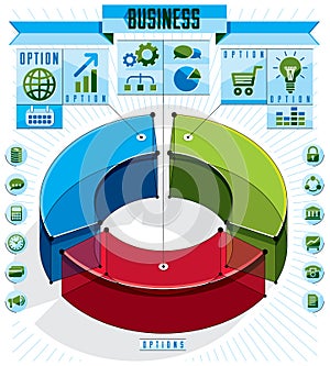 Creative infographics template, three sectored 3d circle idea.