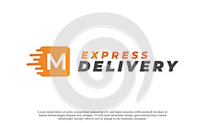 Creative Initial Letter M Logo. Orange Shape M Letter with Fast Shipping Delivery Truck Icon. Usable for Business and Branding