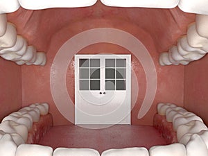 Creative interior inside the human oral cavity. Doors inside an open mouth. Dental office. Dental care and orthodontic concept. 3D