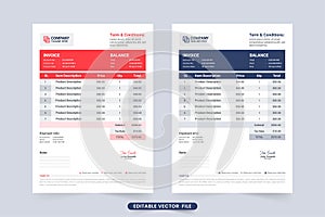 Creative invoice template design for payment information. Business stationery and invoice vector with red and dark blue color.