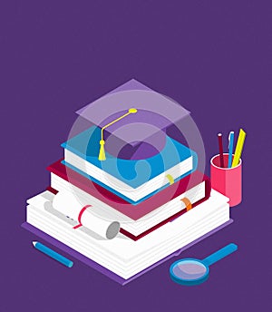 Creative isometric education success, education level and staff and skill development concept.