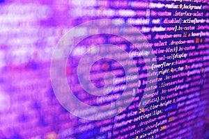 Creative Js HTML5 closeup set on background. Program development concept. Developer working on program codes in office. Code on