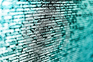 Creative Js HTML5 closeup set on background. Web server data on a monitor. Abstract computer script source code. Programming