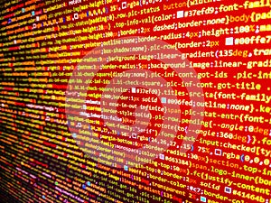 Creative Js HTML. Website development. Data optimization. Php Code on computer screen. Programmer occupation. Programming text on