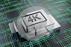 Creative 4K chip on tech background. Ultra resolution concept.